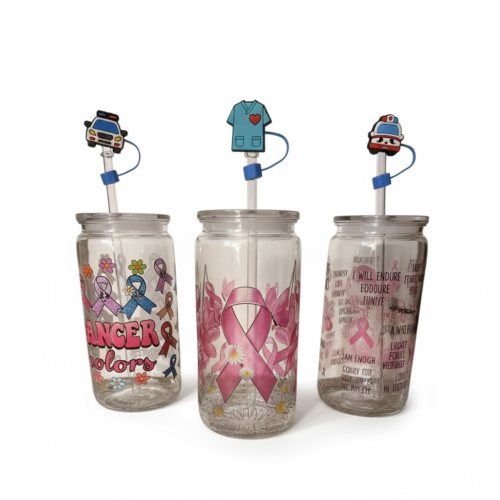 Lot gobelets spécial octobre rose+ capuchon protection paille